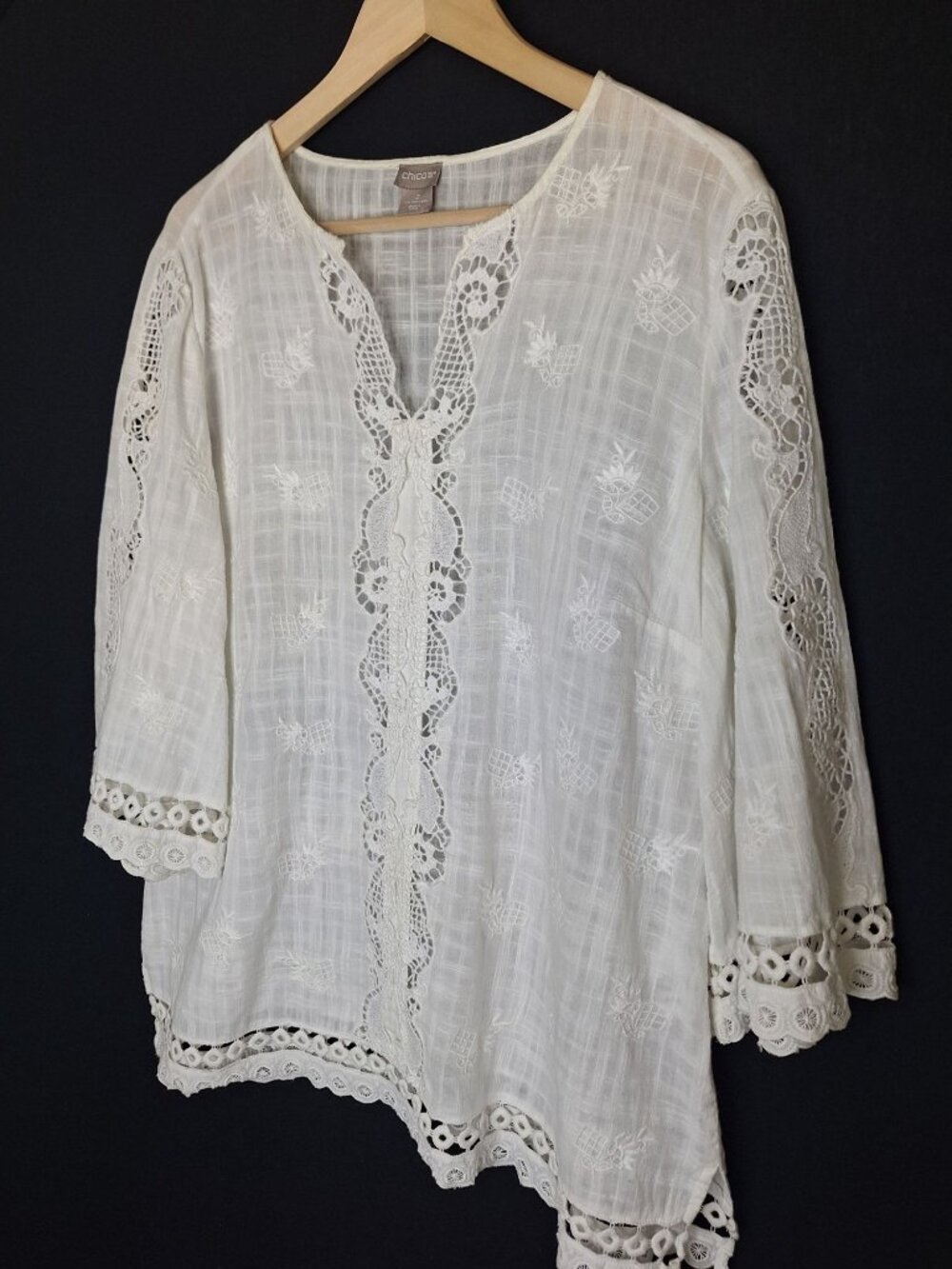💙 Chico’s Oversized Size L/XL White Embroidered Lace Tunic Blouse Cotton Boho - Picture 2 of 8